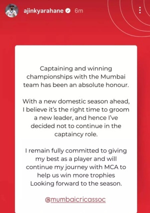 Headline:
Rahane Steps Down as Mumbai Captain, Cites Need to Groom New Leadership; Iyer, Suryakumar Among Potential Successors