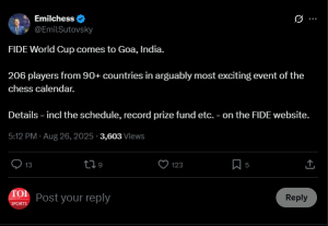 Chess | It’s official! Goa to host FIDE World Cup with Rs 17.5 Cr prize pool