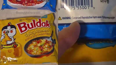 Instant ramen package with a warning label
