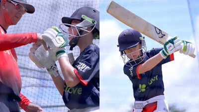 Fletcher Ponting mirroring his father's batting style during MLC practice.