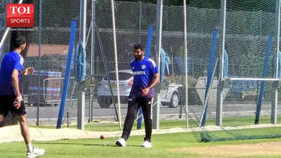 Jasprit Bumrah practices in the nets, signaling a focus on bowling for Team India.