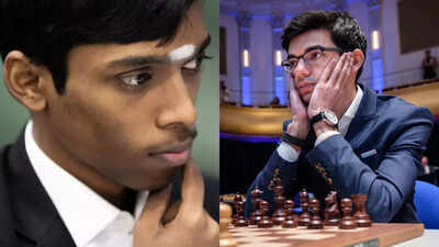 Anish Giri and R Praggnanandhaa at a chess event