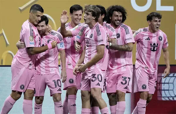 Messi and Suarez celebrate a goal for Inter Miami