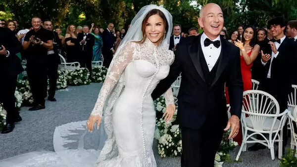 Lauren Sanchez in her custom Dolce & Gabbana wedding gown alongside Jeff Bezos in Venice