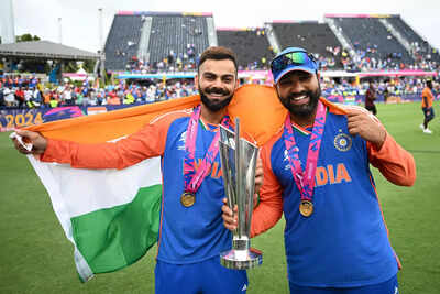 Virat Kohli and Rohit Sharma celebrate T20 World Cup win