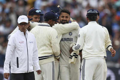 Akash Deep celebrated victory with teammates after the test match at Edgbaston.