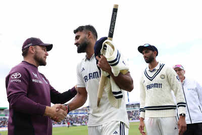 Akash Deep and Brendon McCullum shake hands after India's dominant victory
